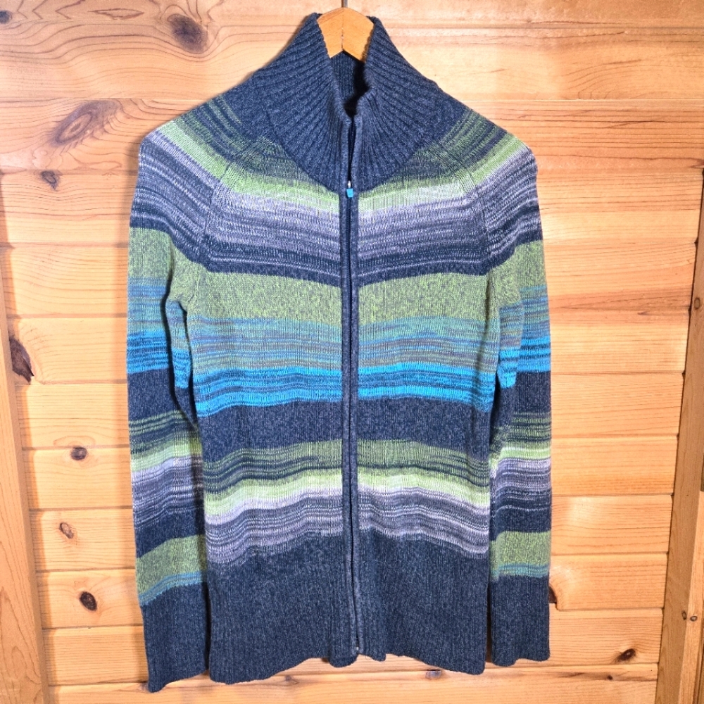 Eddie Bauer Zip Cardigan Sweater 100% Cotton Mock Neck Medium Blue Green Stripe